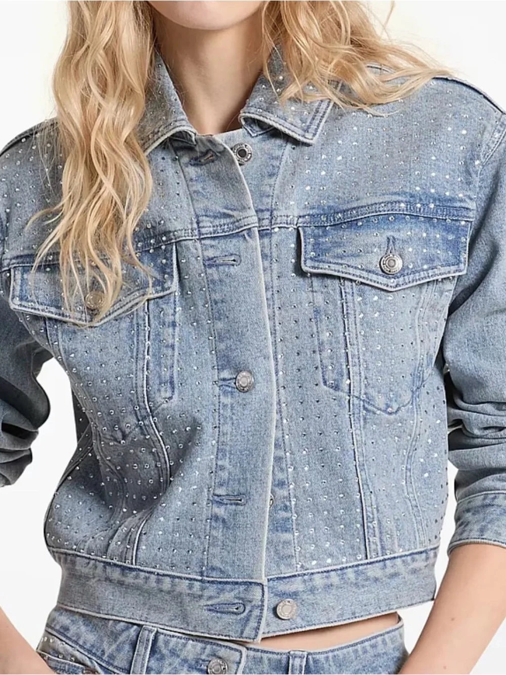Michael Kors- Rhinestone Embellished Light Blue Denim Jacket - Women